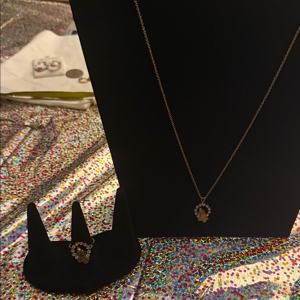 Elegant unmarked plated or toned Gold Necklace and Ring Size 7 Set vintage